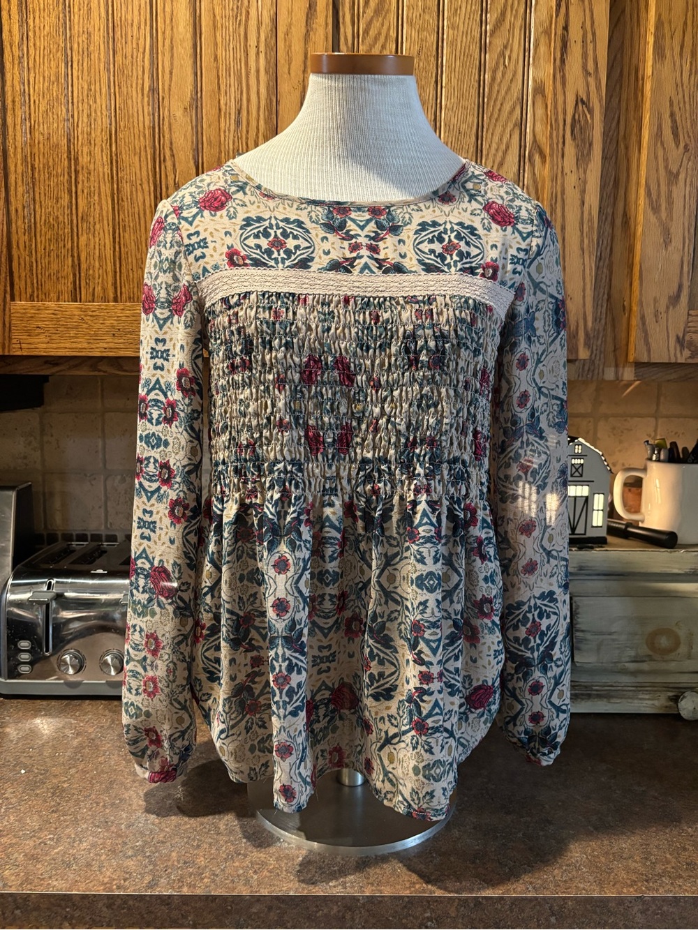 Vintage America Cream Smocked Blouse with Blue & Pink Floral Print
